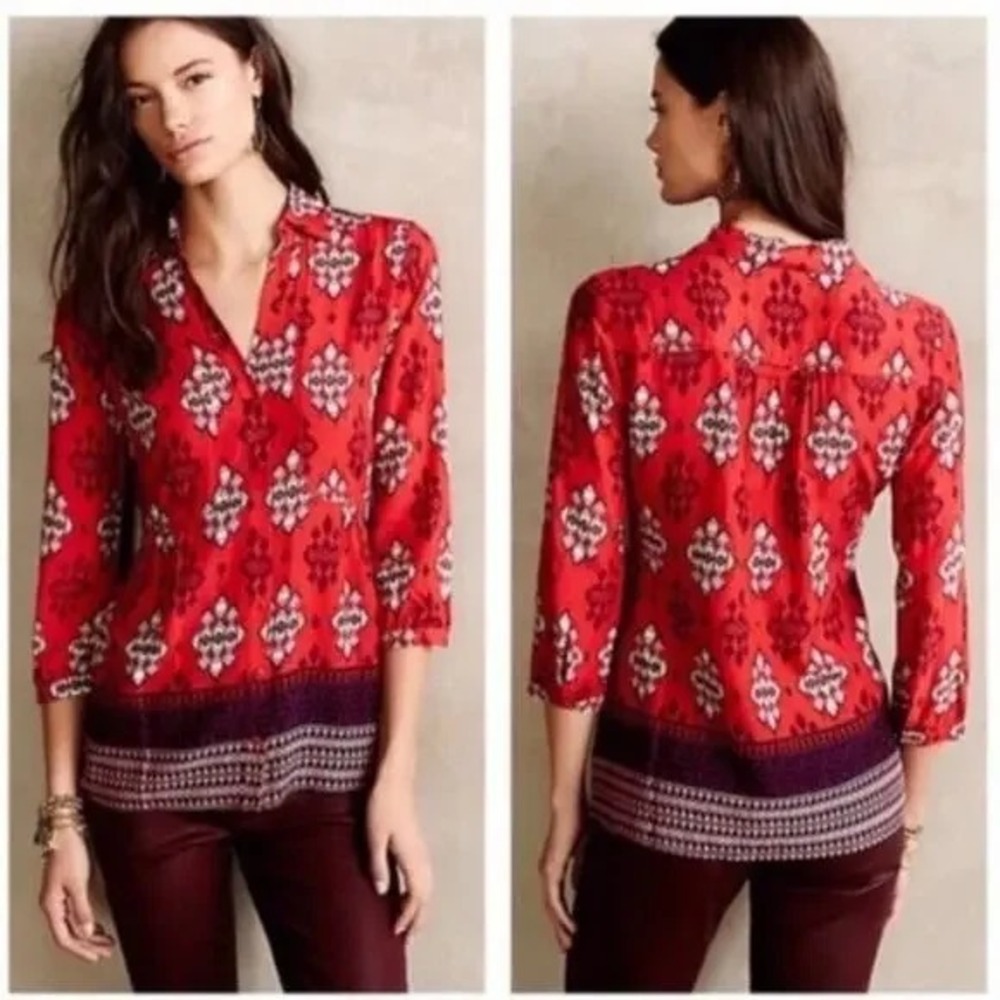 MAEVE Anthropologie Womens Sz 12  Woodland Walk Button Front Shirt Top‎ Blouse